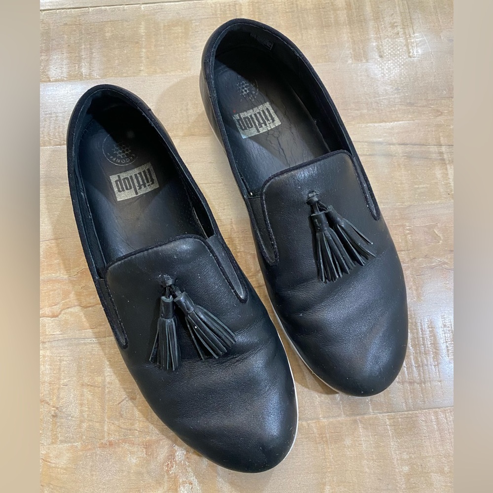 Fitflop Womens black loader slipper shoes tassel well worn